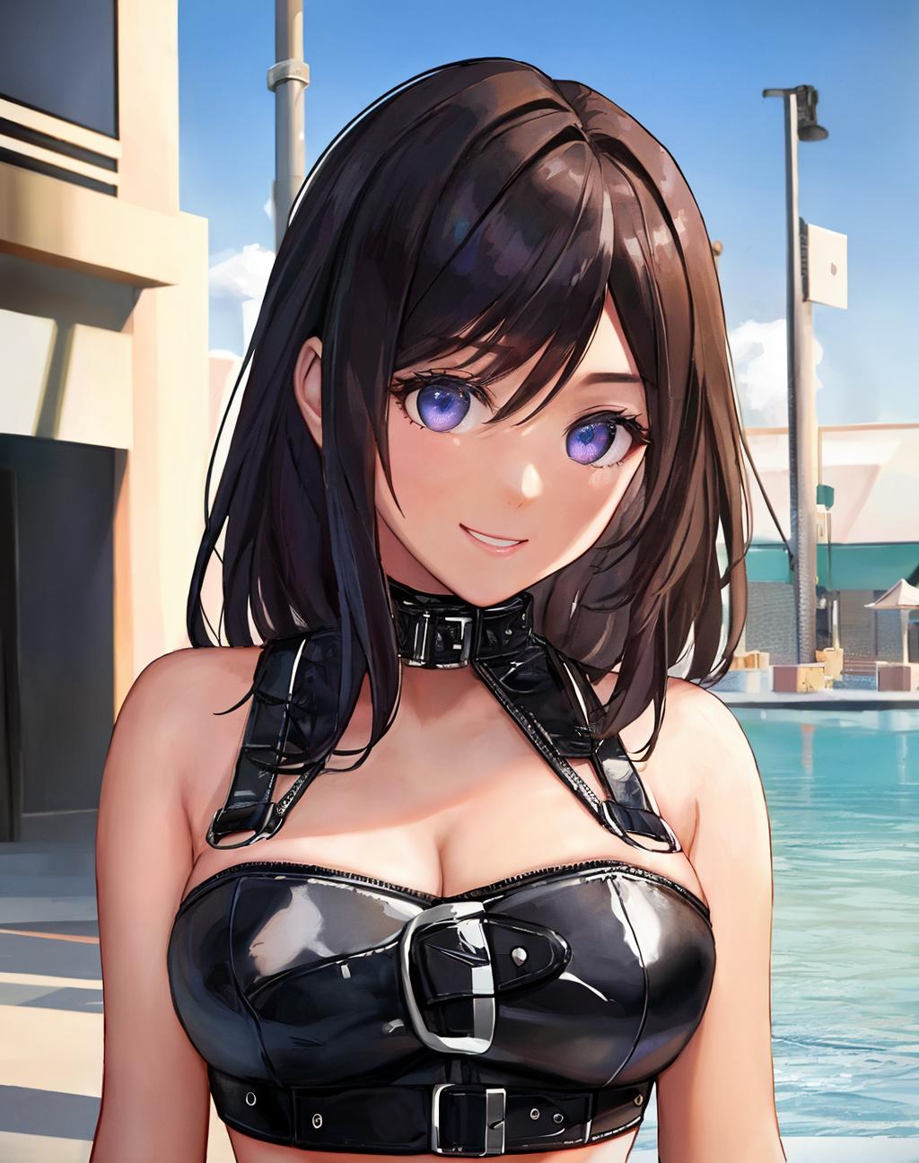 A woman in a bikini posing by a pool at night - SeaArt AI