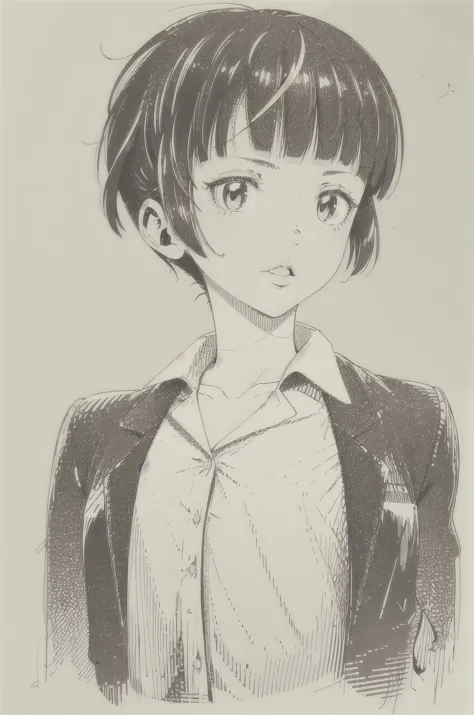 a drawing of a woman with a short hair and a jacket