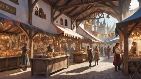 digital art, brightly lit interior, in a Comfortable Renaissance fair marketplace