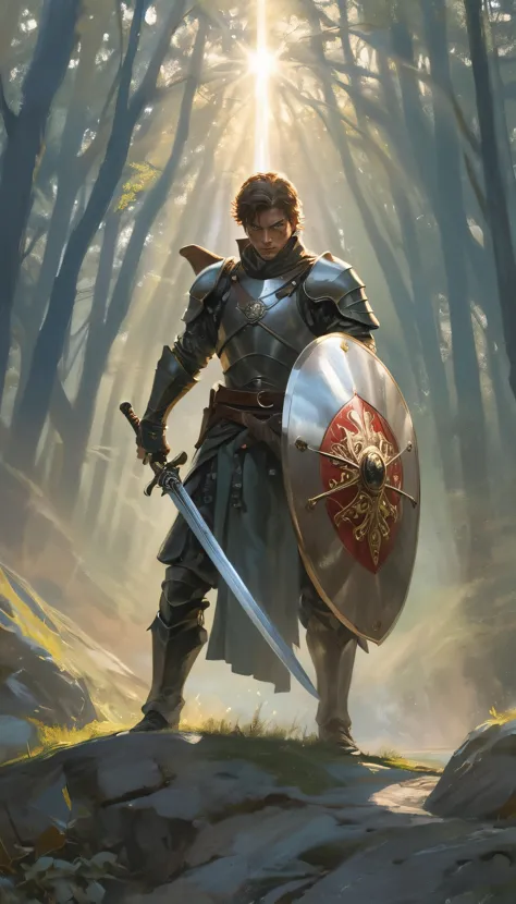 masterpiece,award winning,fantasy swordsman standing in defensive pose,holding sword and shield,light reflecting off shield blin...