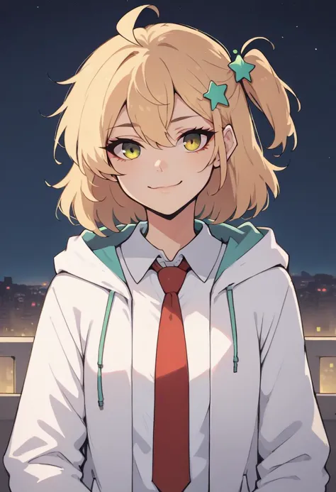 anime girl with blonde hair and a red tie standing in front of a city