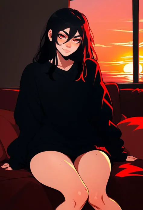 score_9, score_8_up, score_7_up, score_6_up, score_5_up, androgynous, red eyes, freckles, looking at viewer, thighs, sitting, oversized black sweater, indoors, seductive smile, black hair, long hair, colored strand of hair, <lora:NoctFlatStyle:1>, <lora:IlyaKuvshinovXL:0.8>, sunset, curvy