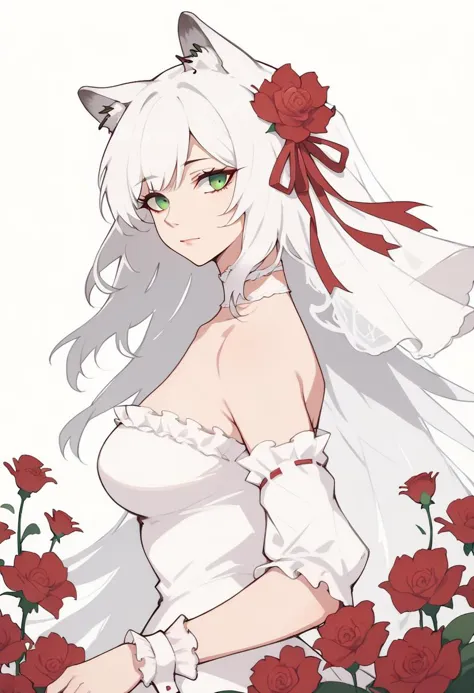 anime girl in white dress with cat ears and white dress with red roses