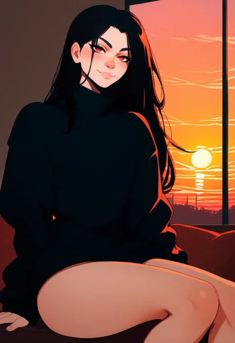 score_9, score_8_up, score_7_up, score_6_up, score_5_up, androgynous, red eyes, freckles, looking at viewer, thighs, sitting, oversized black sweater, indoors, seductive smile, on side, black hair, long hair, colored strand of hair, <lora:NoctFlatStyle:1>, <lora:IlyaKuvshinovXL:0.8>, sunset, curvy