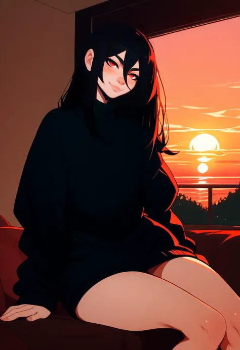 score_9, score_8_up, score_7_up, score_6_up, score_5_up, androgynous, red eyes, freckles, looking at viewer, thighs, sitting, oversized black sweater, indoors, seductive smile, on side, black hair, long hair, colored strand of hair, <lora:NoctFlatStyle:1>, <lora:IlyaKuvshinovXL:0.8>, sunset, curvy