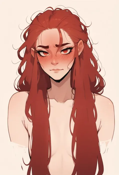 a drawing of a woman with long red hair and a white shirt