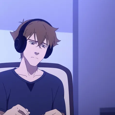 solo, brown hair, shirt, 1boy, brown eyes, collarbone, male focus, headphones, chair, looking down, anime coloring, screencap <lora:AMCPantheon:1>