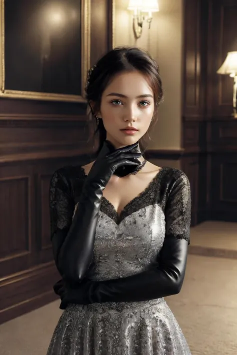 1girl, solo, black hair, gloves,  dress, realistic <lora:lace-HXZ:0.7>