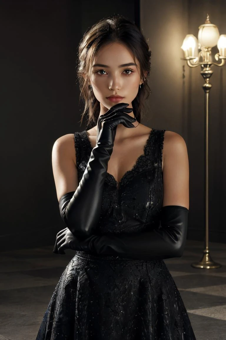 1girl, solo, black hair, gloves,  dress, realistic 