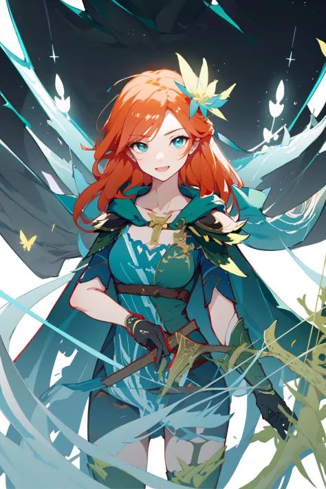 -arcana,arcana,Windranger anime style, 1girl, weapon, solo, bow \(weapon\), flower, long hair, holding, cape, smile, looking at viewer, holding weapon, gloves, holding bow \(weapon\), white background, open mouth, single glove, dress, simple background, bangs<lora:Windranger:1>