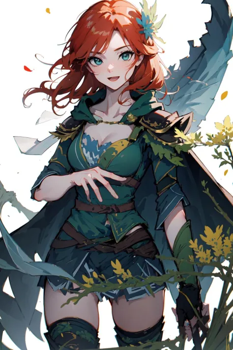 -arcana,arcana,estilo anime windranger, 1 chica, arma, solo, arco \(arma\), flor, pelo largo, tenencia, capa, sonrisa, mirando al espectador, tenencia arma, guantes, tenencia arco \(arma\), Fondo blanco, boca abierta, guante único, vestido, fondo sencillo, Golpes