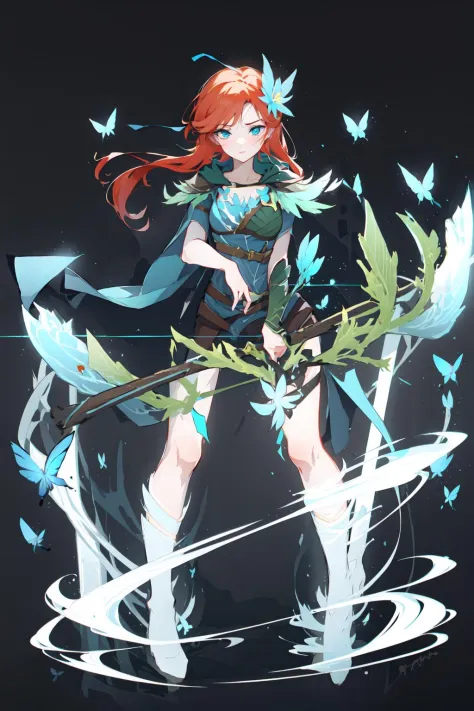 -arcana,arcana,Windranger anime style, solo, bow \(weapon\), weapon, 1girl, simple background, flower, long hair, butterfly, bug...