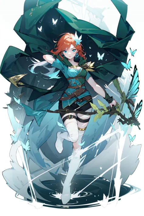 -arcana,arcana,Windranger anime style, 1girl, solo, weapon, holding, long hair, bow \(weapon\), holding weapon, butterfly, holding bow \(weapon\), bug, bangs, cape, boots, full body, blue eyes, looking at viewer, breasts, belt, dress, butterfly hair ornament, hair between eyes, short sleeves, multicolored hair, arrow \(projectile\), cosplay, standing on one leg, pointy ears, thighhighs, standing, shirt, bandages<lora:Windranger:1>