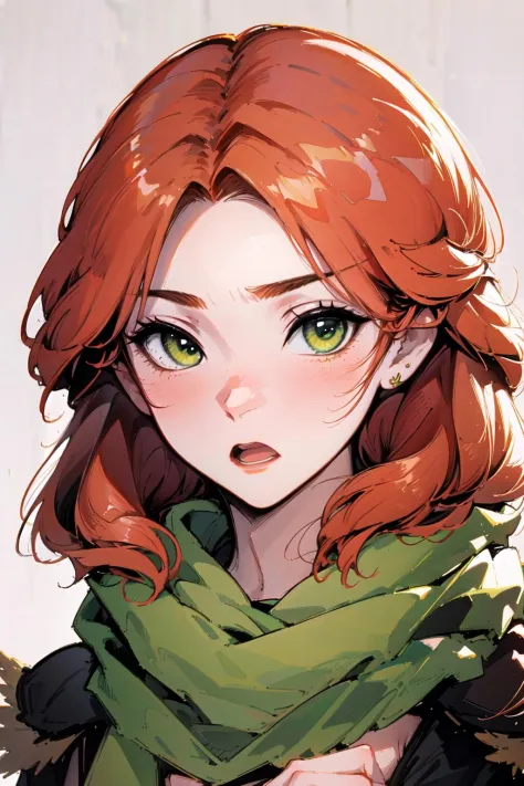-original,Windranger anime style, 1girl, solo, jewelry, long hair, earrings, white background, looking at viewer, open mouth, simple background, scarf, green scarf, blush, red hair, portrait<lora:Windranger:1>