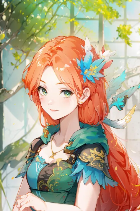 masterpiece, best quality, PIXIV, arcana,Windranger anime style, 1girl, hair ornament, solo, long hair, smile, flower, looking a...