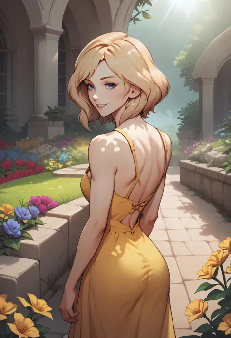 score_9, score_8_up, score_7_up, score_6_up BREAK from behind,solo,outdoors,garden,dappled sunlight,flowers,looking at viewer,Ashelia, medium hair, blonde hair, blue eyes,smile,yellow sundress <lora:ChamAsheliaPonyXL:0.8>