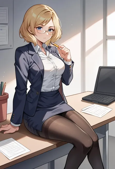 anime girl sitting at a desk with a laptop and a pen