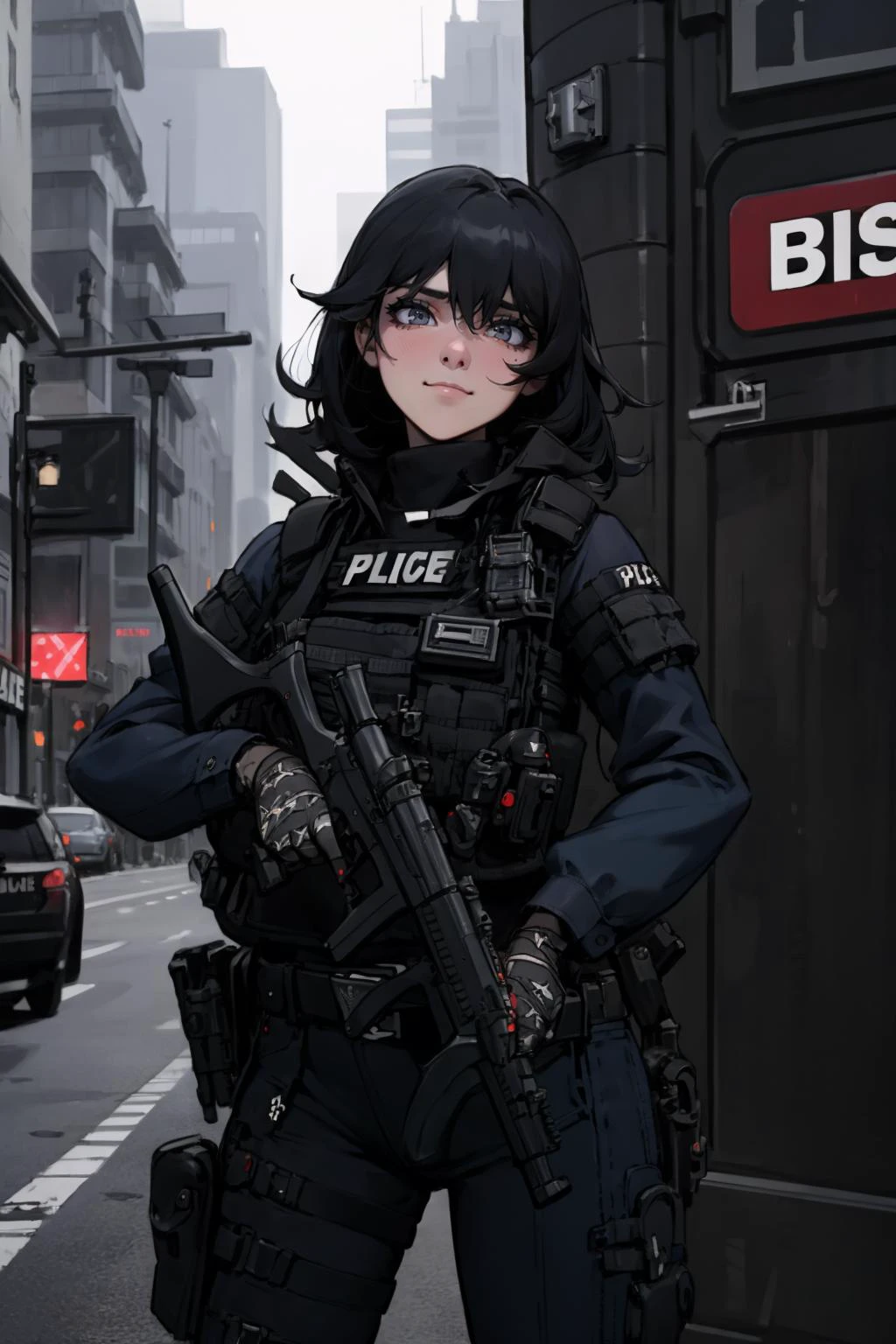 realistic,photo, masterpiece, best quality,,(1girl),short messy black hair, grey eyes, ((crossdressing)), sly smile, ,solo,outdoors,cityscape,ruanyi0299,belt,boots,bulletproof vest,police uniform,holding weapon,h&k mp5,submachine gun,(cowboy shot:1.3),standing, 