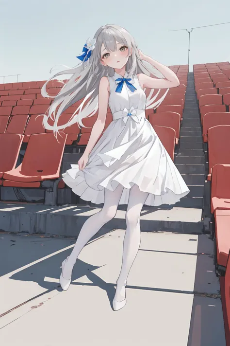 anime girl in white dress standing in front of empty seats