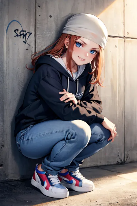 arafed girl with red hair and blue eyes crouches against a wall