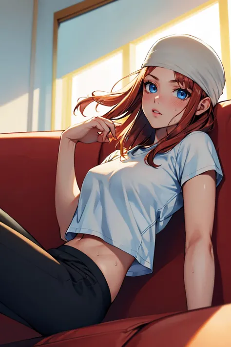 masterpiece, best quality, <lora:ysterra-nvwls-v1-000009:0.9> ysterra, bandana, white t-shirt, sweatpants, couch, tired, from below, sitting