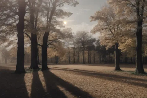 trees in a park with a bench and a full moon in the background