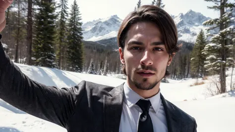 arafed man in a suit and tie taking a selfie in the snow