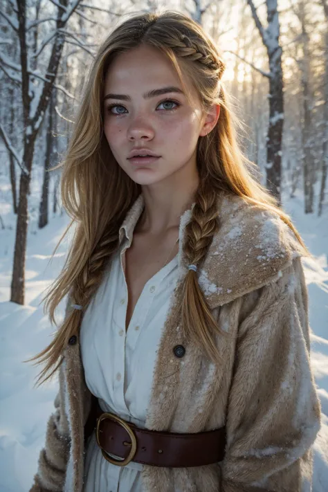 sfw, Fantasie, fr3yaallan als Barbarenschamane, helle Haut, Geflochtenes blondes Haar, Deutlich, offener Mund, Fellrowed brow, dynamische pose, Jacke, Hemd, belt, Fell, Leder, Wald, winter, Schnee, von oben, atemberaubendes, kompliziertes Foto, dynamische pose, Nocturne verträumte ruhige Atmosphäre, flackerndes Licht, fotorealistisch, realistisch, weiches filmisches Licht, warmes Licht, dramatisches Licht, Tiefenschärfe, verblasst, geringe Sättigung, Gedeckte Farben, komplexer Hintergrund, hyperdetailliert, Hyperrealismus, (Hauttextur:1.2), scharfer Fokus auf die Augen. Filmkorn 