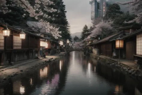 there is a river running through a small town with buildings