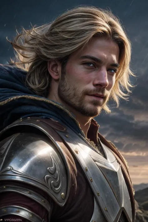 a profestional picutre of Tristan Sunbreaker (Paladin - Male): Tristan is a valiant and noble paladin, with windswept blond hair and deep blue eyes that inspire trust and admiration. He wears a suit of polished silver armor, adorned with symbols of honor and valor. Tristan's cape, emblazoned with celestial patterns, flows with a regal air. He wields a magnificent silver greatsword, imbued with the essence of storms, capable of unleashing lightning in battle. Tristan's unyielding courage and his unwavering sense of duty make him an inspiring leader and a true protector of the realm.,Cunning Schemer's Whisper: Behavior: The character leans close to a confidant, sharing a secret with a sly smile. Her movements are conspiratorial and calculated, revealing her mastery of manipulation., camera angle from above and cowboy shot, blend photorealism 2 2 : fashion shadows photographic unreal 5 daz. rpg ,extremely detailed artgerm greg rutkowski greg,((ultrasharp)),((masterpiece)),((best quality)),((ultradetailed)),((intricated details)), ultradetailed character, detailed face, intricated face details, <lyco:GoodHands-beta2:1.0> <lora:add_detail:0.5> , extremaly detailed background,