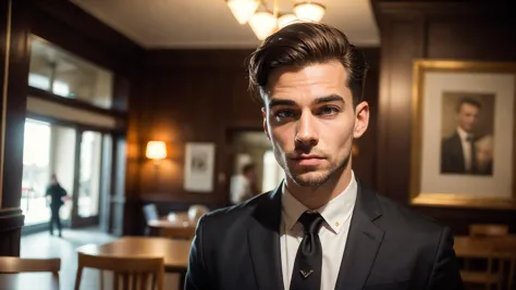 arafed man in a suit and tie standing in a restaurant