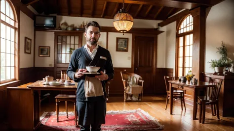 arafed man standing in a dining room holding a bowl of food