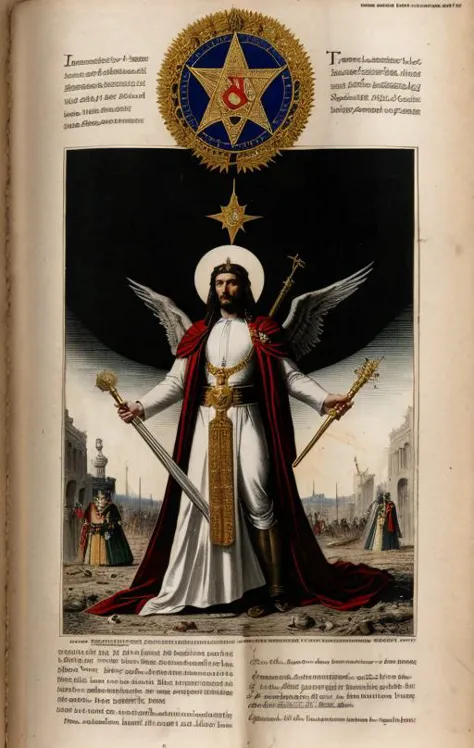 an old book with a picture of a man in a crown and a star