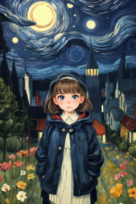 a painting of a girl standing in a field with a full moon