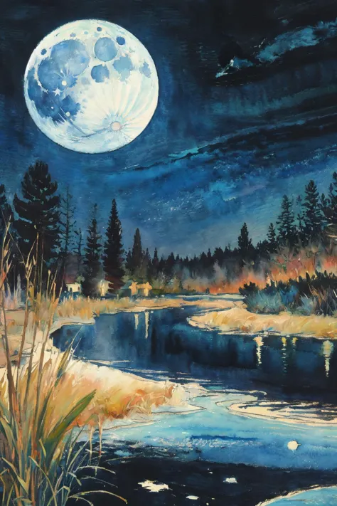 painting of a full moon over a river with trees and grass