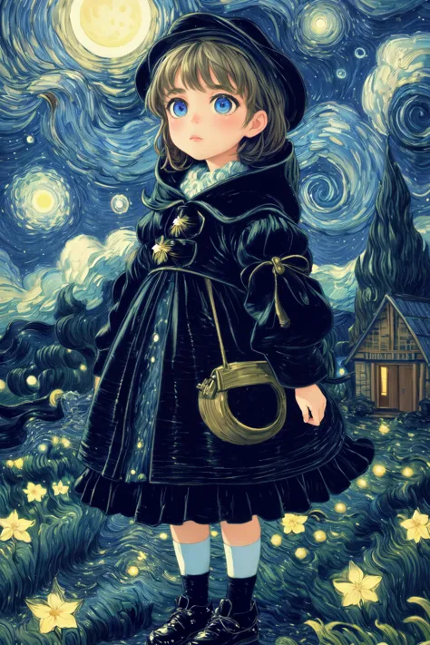 a painting of a girl in a black dress and hat standing in a field