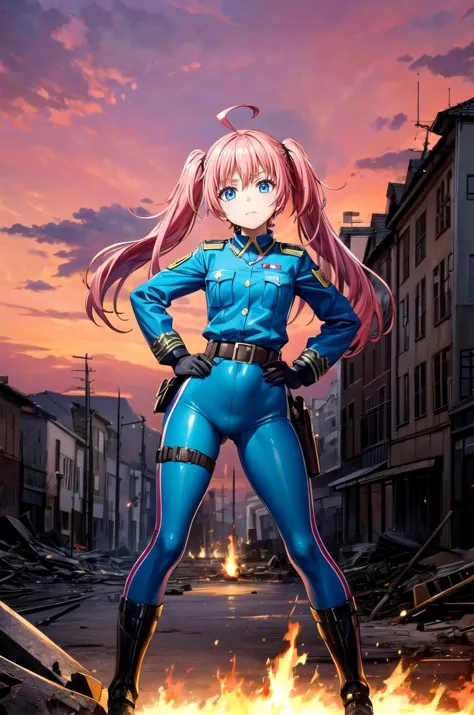 (masterpiece, best quality, detailed), 1girl, solo, looking at viewer, <lora:Milim Nava:0.7>, pink hair, long hair, twintails, soldier, military, long sleeves, military uniform, war, outdoors, world war ii, fire, burning, contrapposto, legs apart, head tilt, hip focus, blue eyes, ahoge, gloves, pants, belt, pouch, (red sky), battlefield, battle, destruction, (rubble:0.9), explosion, smoke, military vehicle, full body, holding gun, machine gun, serious, v-shaped eyebrows, closed mouth