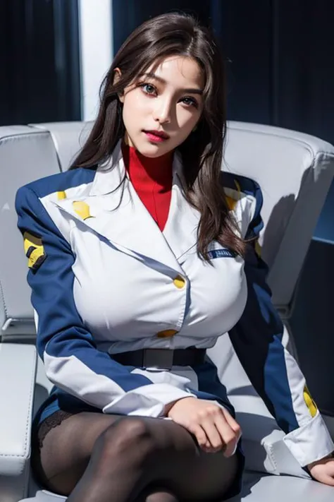 (Night:1.7),a space battleship in space, sitting on a White_armchair,
military uniform, military,jacket,blue and white uniform,Skirt,
<lora:Murrue_Ramius_Destiny-KK77-V1:0.7>, (black_pantyhose:1.3),
bangs,brown_hair, long_hair,red eyes,lipstick,makeup,
,<lora:more_details:0.1>,
1 girl, 20yo,Young female,Beautiful long legs,Beautiful body,
Beautiful Nose,Beautiful character design, perfect eyes, perfect face,expressive eyes,perfect balance,
looking at viewer,closed mouth, (innocent_big_eyes:1.0),(Light_Smile:0.3),
official art,extremely detailed CG unity 8k wallpaper, perfect lighting,Colorful, Bright_Front_face_Lighting,White skin,
(masterpiece:1.0),(best_quality:1.0), ultra high res,4K,ultra-detailed,
photography, 8K, HDR, highres, absurdres:1.2, Kodak portra 400, film grain, blurry background, bokeh:1.2, lens flare, (vibrant_color:1.2),professional photograph,
(Beautiful,huge_Breasts:1.4), (beautiful_face:1.5),(narrow_waist),