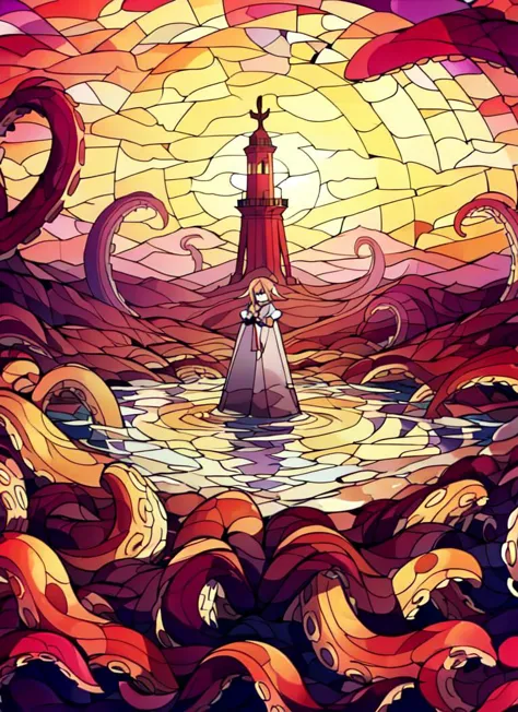 a stained glass picture of a woman standing in the middle of a body of water