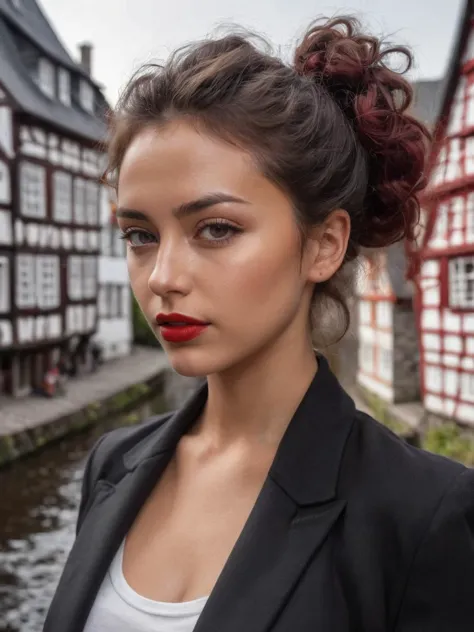 a professional (full body photo:1.9) of a woman (Ida Hansen a woman from denmark:1.2) (wearing (Black blazer) (white t-shirt) (black leggings) (black boots) (red lipstick) (hair in messy bun) and Russian boots:1.2) shot on Fujifilm XT3 by Sumit Gupta, (28 years old, wrinkle forehead, (perfect skin:0.8):1.4), (henna (chin length:1.2) Afro, Natural, voluminous, and curly texture  hair), brown eyes eyes, (Muscular, Toned, Powerful), promoting body positivity, tiny breasts, feeling Suspicious, charming village of Monschau, with half-timbered houses reflected in the Rur River, (quaint beauty:1.4), (riverside tranquility:1.3), (storybook setting:1.3), (cobblestone streets:1.2), (historic charm:1.3), twilight,detailed eyes, detailed face, detailed skin, perfect hands, perfect feets, photo, high skin detail, moles, imperfect skin, ultra realism, RAW photo, subsurface scattering