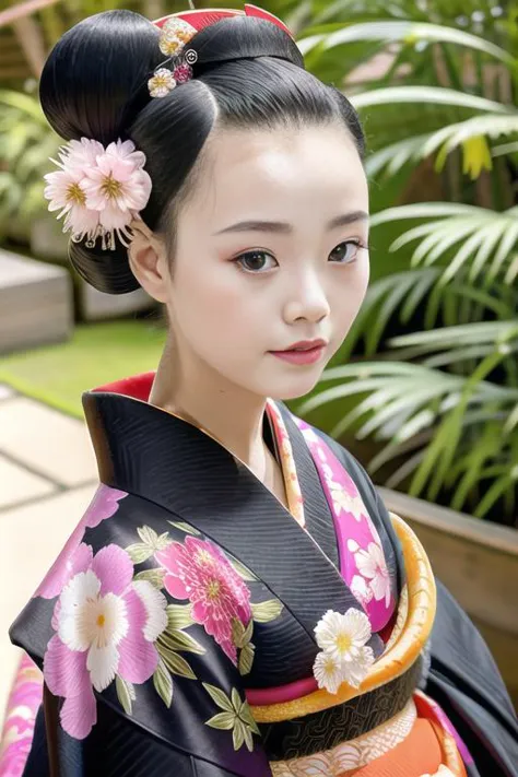 arafed asian woman in a kimono with a flower in her hair