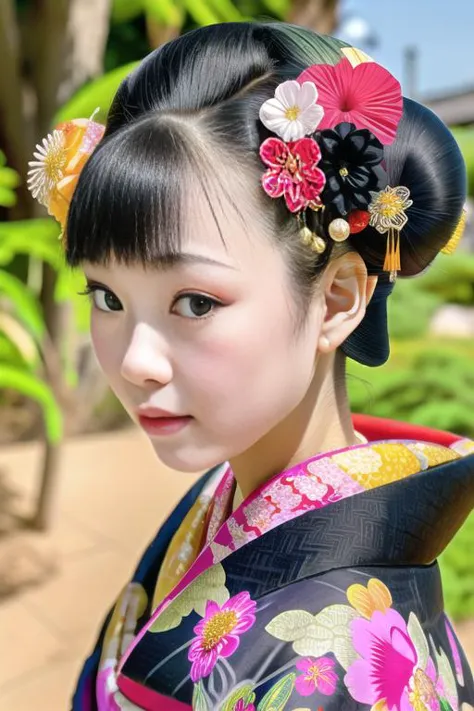 a close up of a woman wearing a kimono with flowers in her hair