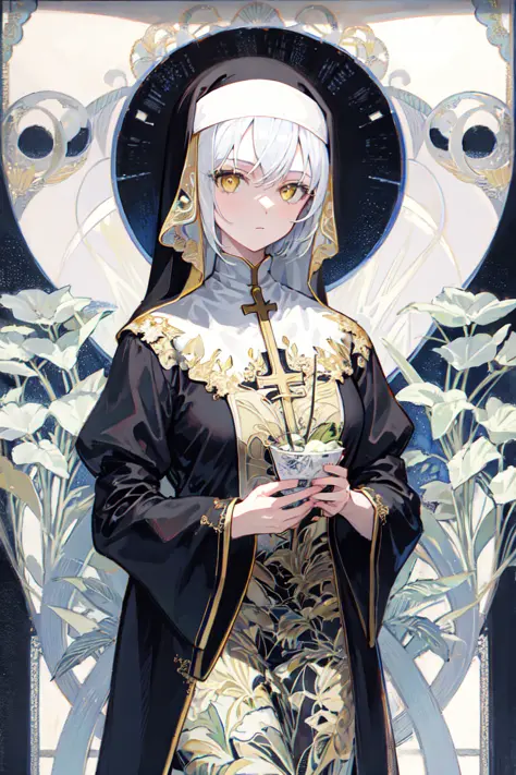 1girl, solo, white hair, short hair, undercut, yellow eyes, (gold embroidered clothes:1.0), (black nun veil:1.0), (black cassock...