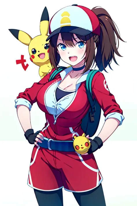 (extremely detailed CG unity 8k wallpaper),(masterpiece),(best quality),(ultra-detailed),(best illustration),(best shadow),(absurdres),  <lora:Female_PokemonGO:0.7>,Trainer, 1girl, female protagonist (pokemon go), breasts, poke ball, gloves, hat, fingerless gloves, brown hair, holding, ponytail, blue eyes, holding poke ball, pokemon (creature), baseball cap, cleavage, open mouth, belt, smile, choker, poke ball (basic), pikachu, long hair, bag, yellow background, leggings, simple background, backpack, on shoulder, cowboy shot, large breasts, hand on hip, looking at viewer, shorts, black gloves, pokemon on shoulder, collarbone, jacket, :d,