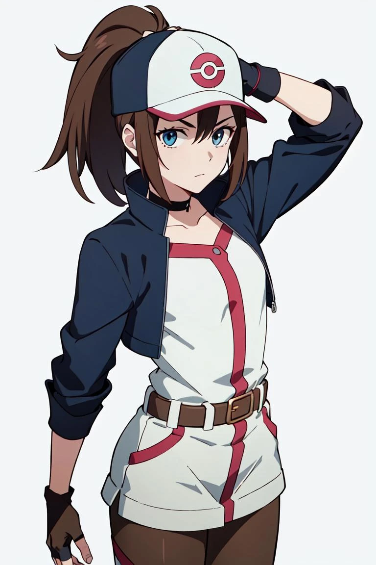 (extremely detailed CG unity 8k wallpaper),(masterpiece),(best quality),(ultra-detailed),(best illustration),(best shadow),(absurdres),  Trainer, 1girl, solo, hat, female protagonist (pokemon go), gloves, ponytail, fingerless gloves, baseball cap, blue eyes, white background, belt, brown hair, cropped jacket, choker, leggings, adjusting headwear, simple background, long hair, adjusting clothes, looking at viewer