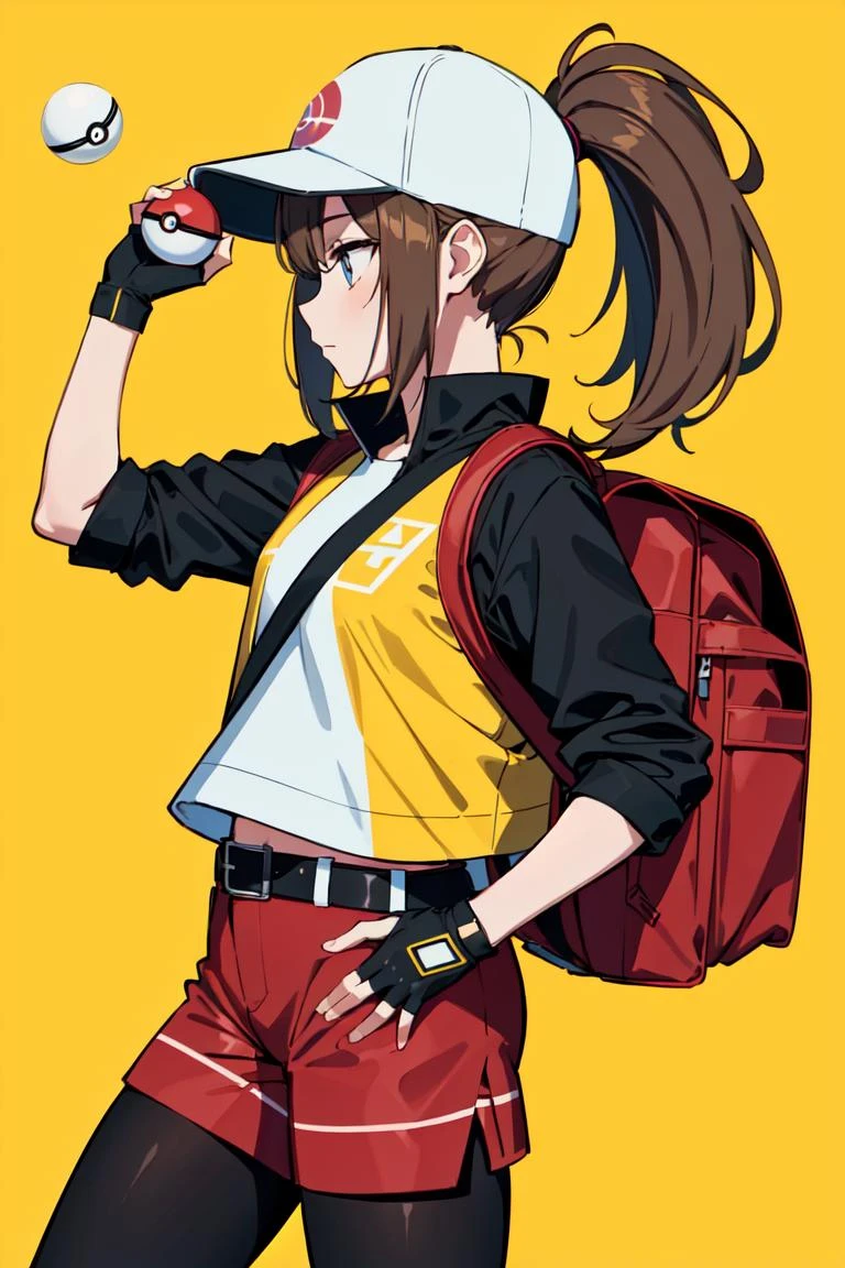 (extremely detailed CG unity 8k wallpaper),(masterpiece),(best quality),(ultra-detailed),(best illustration),(best shadow),(absurdres),  Trainer, 1girl, hat, poke ball, solo, female protagonist (pokemon go), brown hair, ponytail, gloves, fingerless gloves, baseball cap, holding poke ball, leggings, holding, poke ball (basic), long hair, bag, belt, shorts, backpack, cropped jacket, black gloves, adjusting clothes, profile, yellow background, jacket, simple background