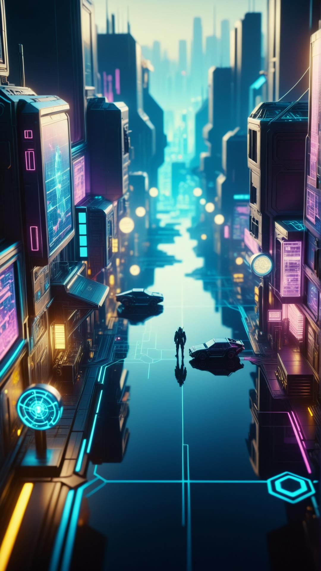 A man standing on a futuristic city street with neon lights - SeaArt AI