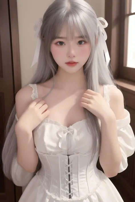 a woman with long gray hair wearing a white dress and a veil