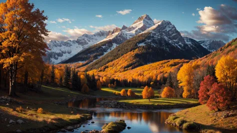 hervorragendes Ölgemälde einer Berglandschaft im Herbst, leuchtende Farben, kraftvoller Stil mit epischer Dramatik,  kleines Dorf, Jungtiere und Kühe, Fluss und See, beste Qualität, Maximale Qualität, komplizierte Details, ultrasahrp, Okklusionsumgebung, realistische Schatten, art by Bastien Lecouffe Deharme, 8k, Ölkunst,  