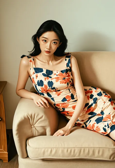 a asian woman wearing a floral dress is sitting on a beige sofa.